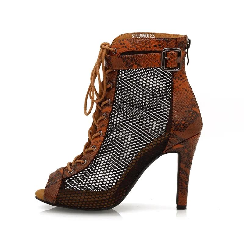 Women s Brown 9.5cm Heel Peep Toe Hollow out Jazz Shoes Dance Boots